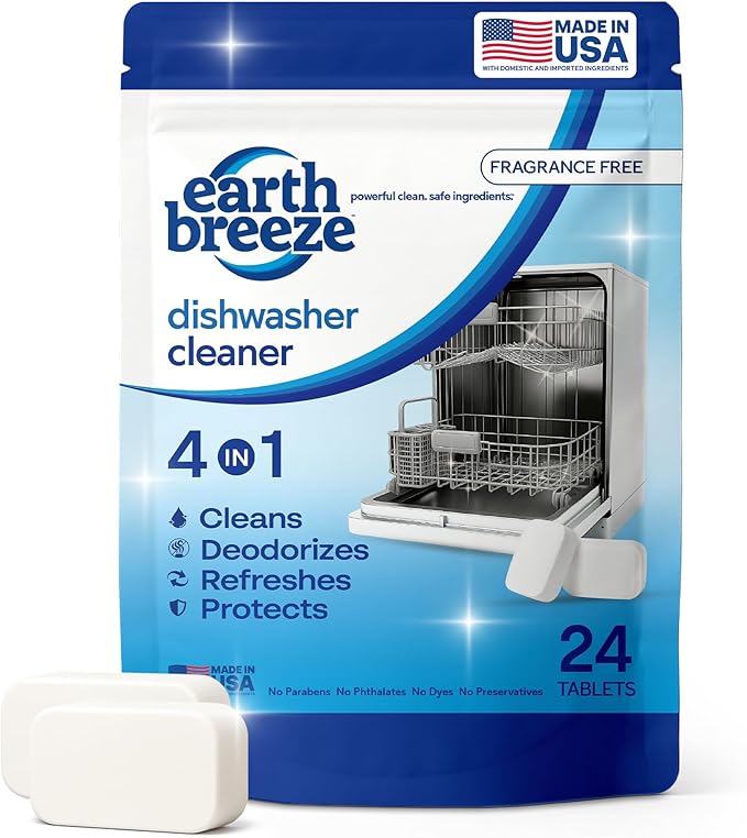 Earth Breeze Dishwasher Cleaner Tablets – 4-in-1 Cleans, Deodorizes, Refreshes & Protects – Removes Odor, Buildup & Residue – Fragrance Free, No Harsh Chemicals, Safe for All Dishwashers - Made in USA
