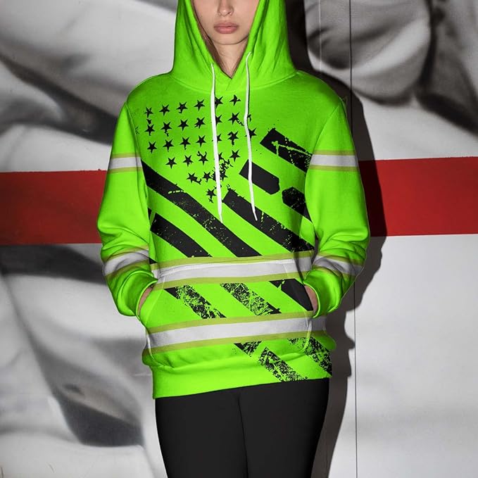 Color US Flag High Visibility Hoodie for Men Women Reflective Tapes Safety Workwear for Worker Runner Patriotic