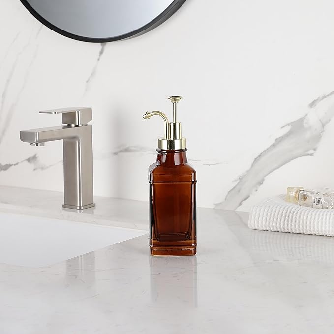 Amber Glass Soap Dispenser with Brushed Gold Pump Dispenser, Modern Refillable Pump for Bathroom, Kitchen, or Office, Elegant Accent Piece for Interior Decoration