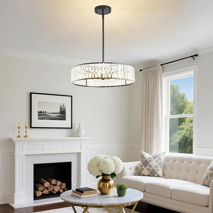 Modern Black Crystal Chandelier for Dining Room,5-Light Semi Flush Mount Ceiling Light Fixtures,20in Bedroom Fixture, Round Kitchen Hanging Drum Pendant Lights for Living Room Foyer