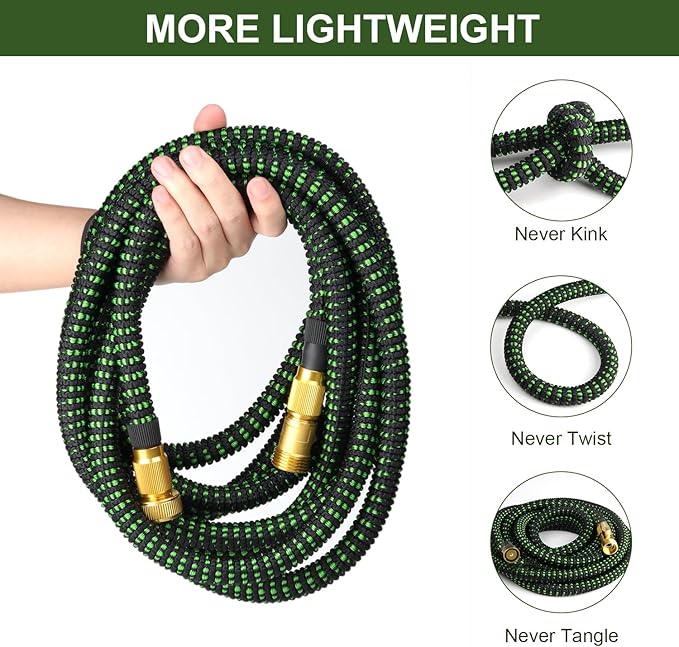 50 FT Expandable Garden Hose, Water Hose with 10-Function High-Pressure Spray Nozzle, Heavy Duty Flexible Hose, 3/4" Solid Brass Fitting