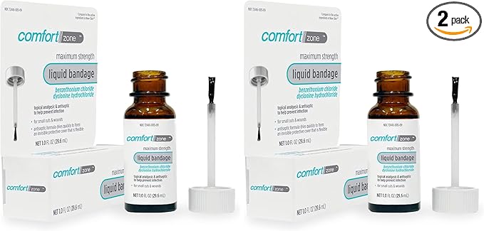 Comfort Zone Liquid Bandage, Topical Analgesic and Antiseptic, Protective Skin Barrier for Small Cuts and Wounds, 1 Ounce (2 Pack)