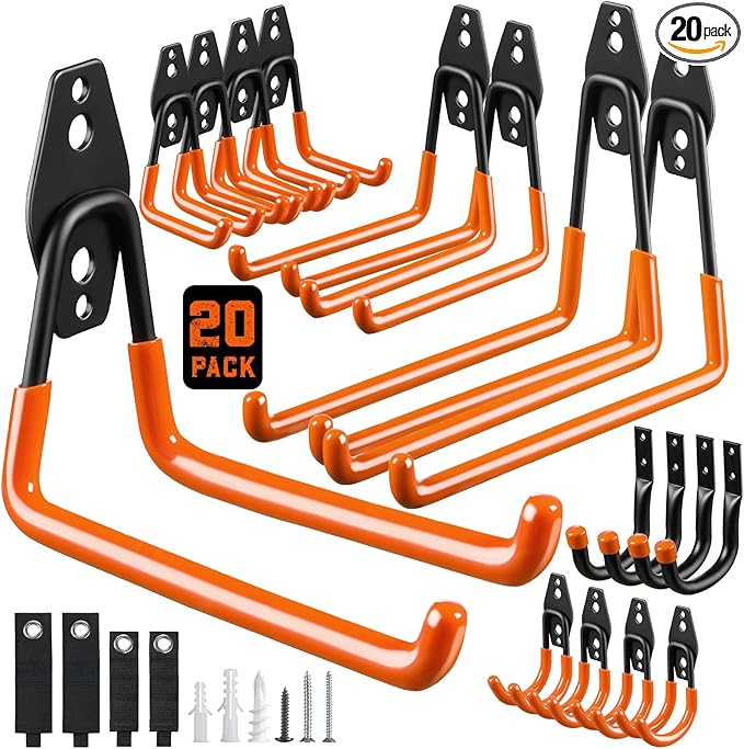 Garage Hooks, 20-Pack Steel Garage Accessories for Organization and Storage, Heavy Wall Mount Duty Hooks with Anti-Slip Coating for Hanging Ladder, Bike, Power Tools and More Tools, Orange