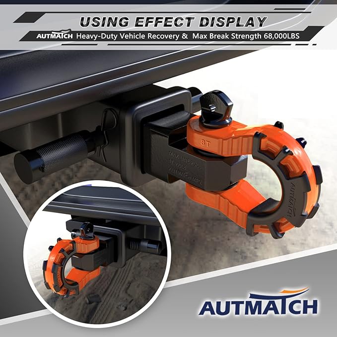 AUTMATCH Shackle Hitch Receiver 2" with 3/4" Mega D Ring Shackle and 5/8" Trailer Hitch Lock Pin, 68,000 Lbs Break Strength Heavy Duty Receiver Towing Kit for Off-Road Vehicle Recovery, Orange & Black