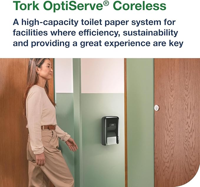 Tork OptiServe 2-Roll Coreless Toilet Paper Dispenser Black T7/T5, Vertical Dispenser, Elevation Design + Tork OptiServe Coreless Toilet Paper White T7, Universal, 2 Ply, 36 x 1000 Sheets