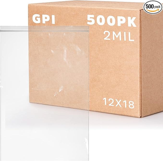 GPI - 12" x 18" Zip Bags, 500 Count, Clear Plastic Reclosable Zipper Poly Baggies, with Resealable Zip Top Lock. for Freezer, Apparel, Clothing, Food, Home & Office Supplies.