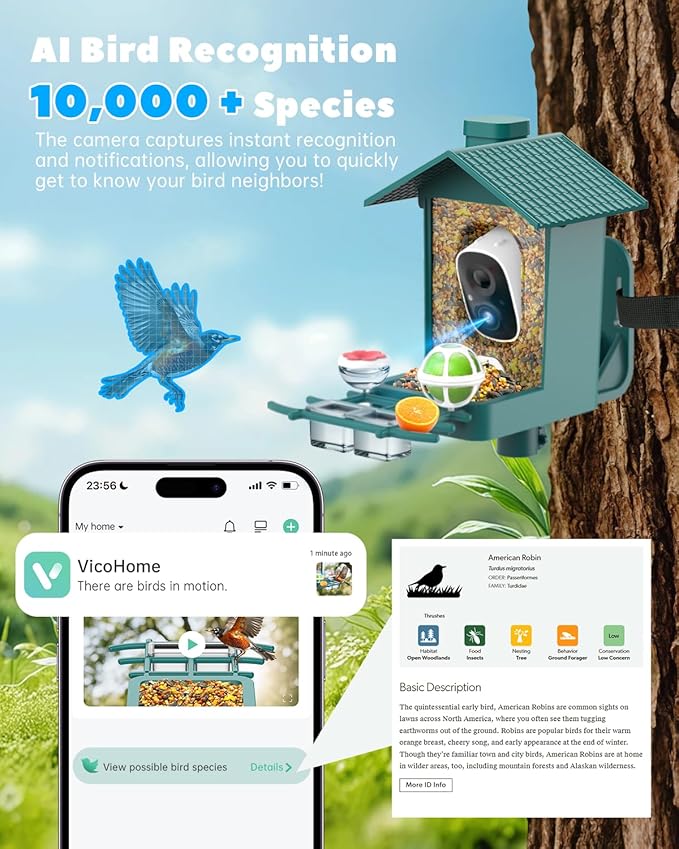 Smart Bird Feeder Camera Solar Powered, 2K Video Birdfeeder with Camera for Outdoor, 2.4Ghz WiFi AI Recognition Bird Cam, Instant Arrival Alert, IP65 Full Waterproof, Xmas Gifts for Birdlover Dad Mom