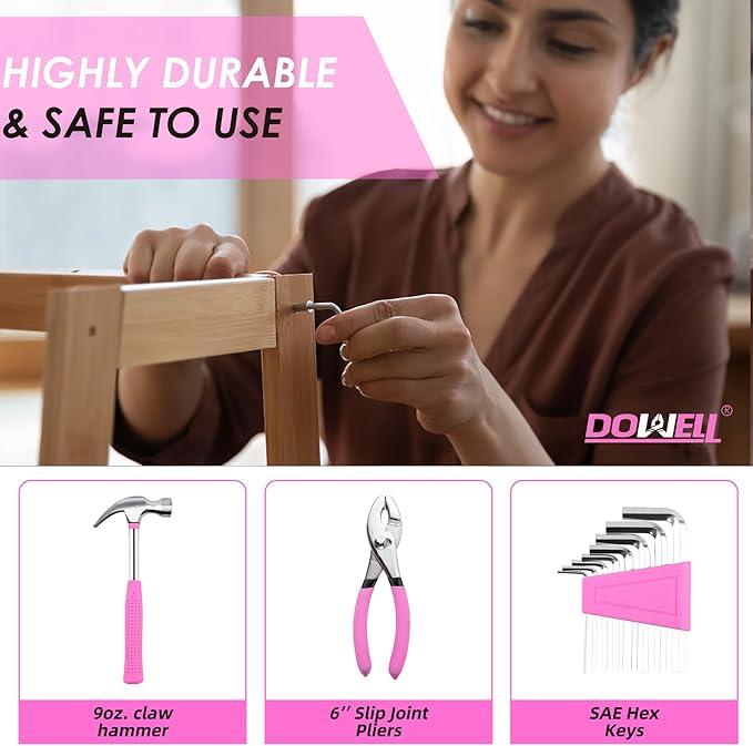 DOWELL 40 Pieces Home Tool Set Pink, General Household Hand Tool Kit with Plastic Toolbox Storage Case, Mini Repair Tool kit for Women, College Students, Home Use & More