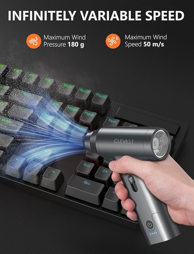 CLEVAST Compressed Air Duster – Super Power Cordless Electric Mini Air Blower, 130,000 RPM Brushless Motor, Stepless Speed Control, Rechargeable for PC, Keyboard, Car, Electronics Cleaning Kit