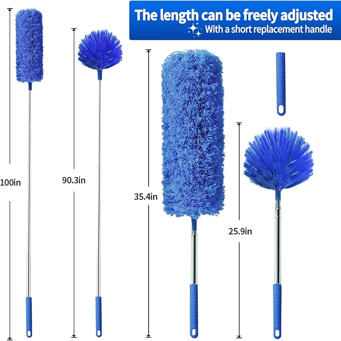 Cobweb Duster with Extension Pole, Washable Cleaning Duster Set with 2 Duster Heads, Spider Web Brush with Pole,high Ceiling Duster with Extension Pole,Cleaning Supplies,Ceiling Fan Cleaner