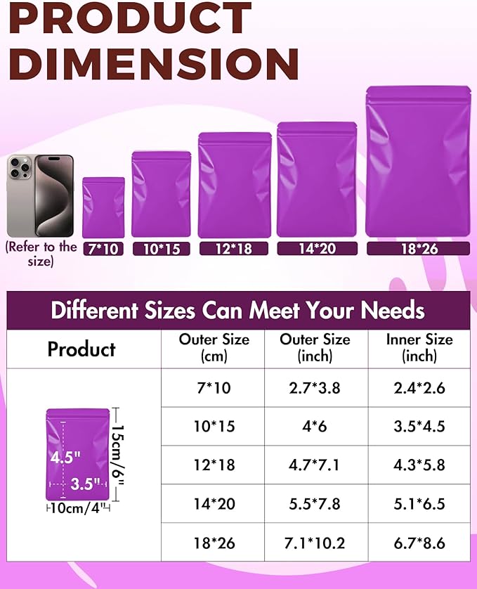 FireKylin 100 Pack Resealable Packaging Bags for Small Business Double-Sided Color Smell Proof Bags for Food Storage Flat Bags (Purple, 4" x 6")