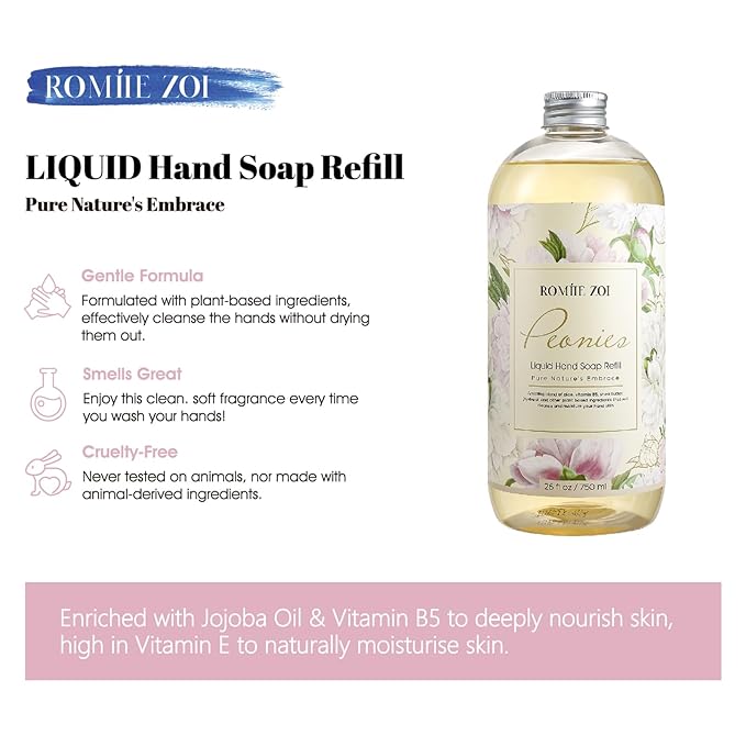 ROMIIE ZOI Liquid Hand Soap Refill, Peony, Gentle & Moisturizing Formula, 750 ML/ 26 FL OZ