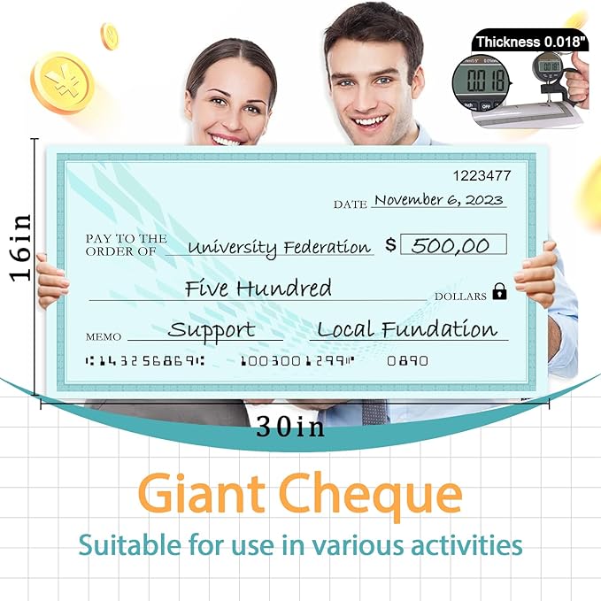 Giant Reusable Dry Erase Check 30x16 Inch - Large Presentation Board for Fundraisers & Awards | Oversized Donation Sign with 2 Markers (Green)