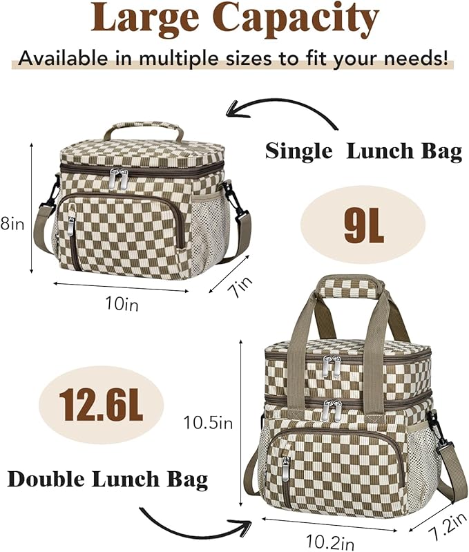 Lunch Box for Women, Double Insulated Lunch Bag Reusable Leakproof Cooler Bag Portable Picnic Food Bag, Adult Lunch Tote Lunch Bag for Work, Office, Travel, Beach - Corduroy Khaki Checkered