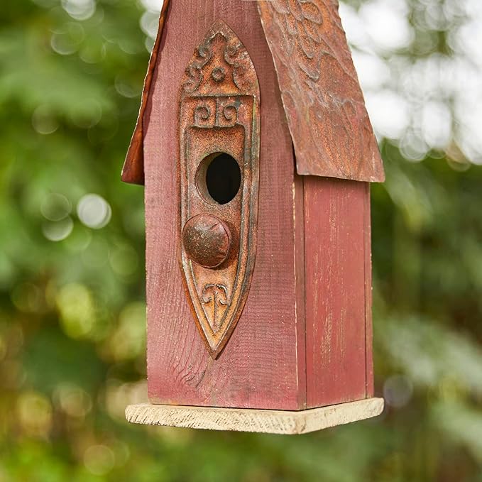Glitzhome Hand Painted Distressed Hanging Wood Bird House for Outdoors 13.25" H