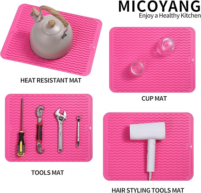Silicone Dish Drying Mat for Multiple Usage,Easy clean,Eco-friendly,Heat-resistant Silicone Mat for Kitchen Counter or Sink,Refrigerator or drawer liner Rose L 16 inches x 12 inches