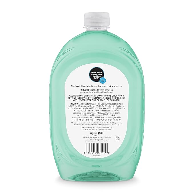 Amazon Basics Liquid Hand Soap Refill, Mango & Coconut Water Scent, Triclosan-Free, 50 Fl Oz (Pack of 4)