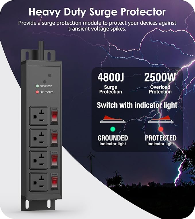 CCCEI Heavy Duty Surge Protector Power Strip 20 Amp Individual Switches. 10FT 12 Gauge Extension Cord with Multiple Outlets. Kitchen, Garage, Shop, Industrial Wall Mount Electric Extender, Black.