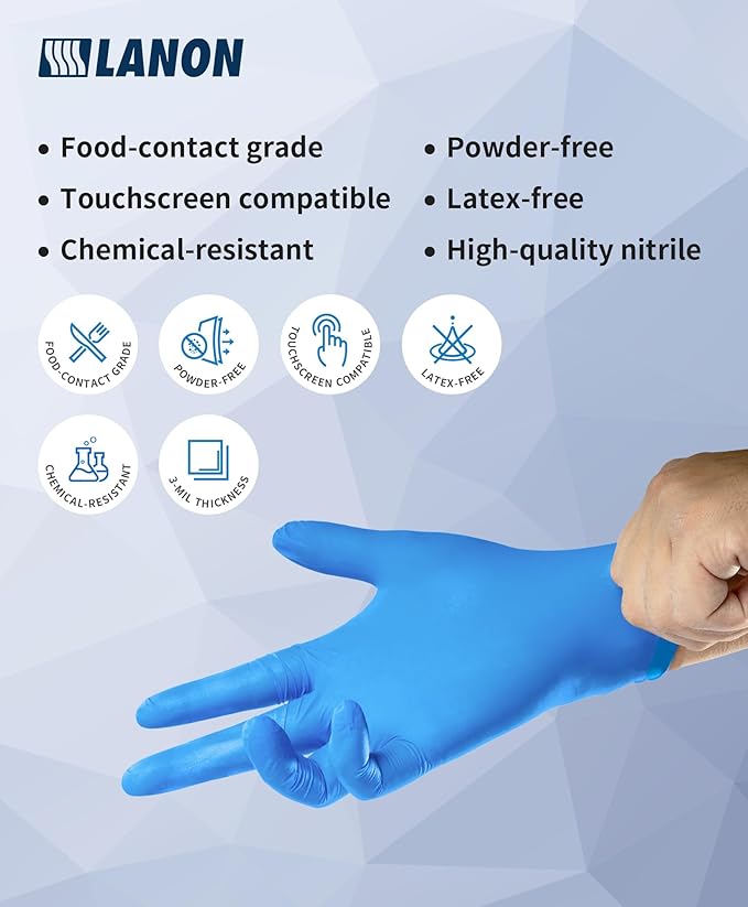 LANON Disposable Nitrile Gloves, Silicone-Free, Food-Safe, Chemical Resistant, Powder-Free, Textured Fingertips, Cooking, Cleaning, Blue, Large
