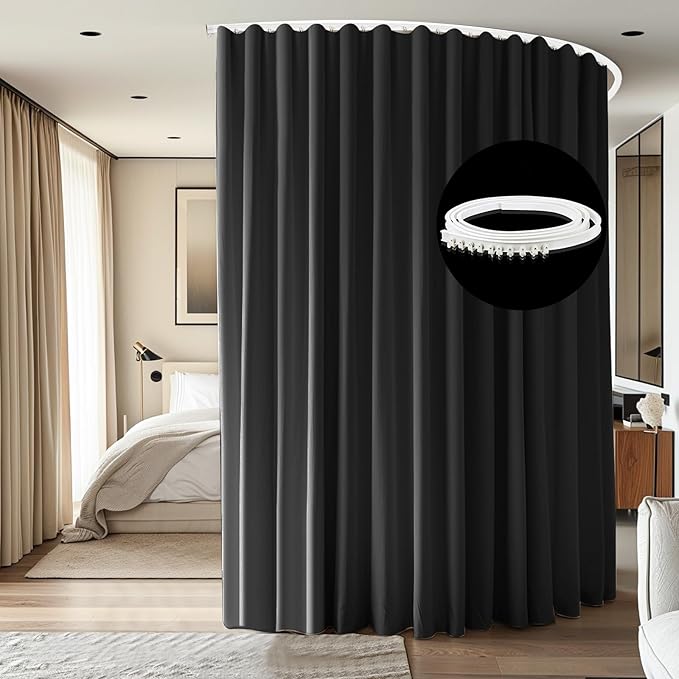 Room Divider Ceiling Mounted Curtains Track Sets Extra Wide Blackout Curtain Flexible Tracks for Bedroom Privacy Partition Separator, 1 Panel Black Drape and White Rail, W8.3 x H9ft