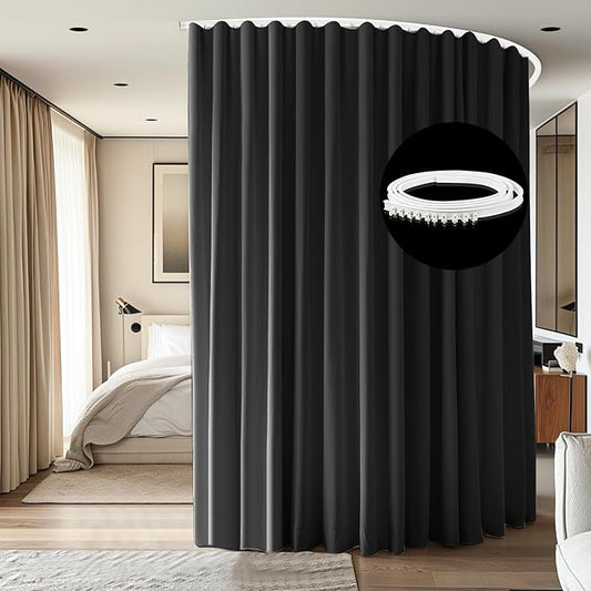 Room Divider Ceiling Mounted Curtains Track Sets Extra Wide Blackout Curtain Flexible Tracks for Bedroom Privacy Partition Separator, 1 Panel Black Drape and White Rail, W8.3 x H9ft