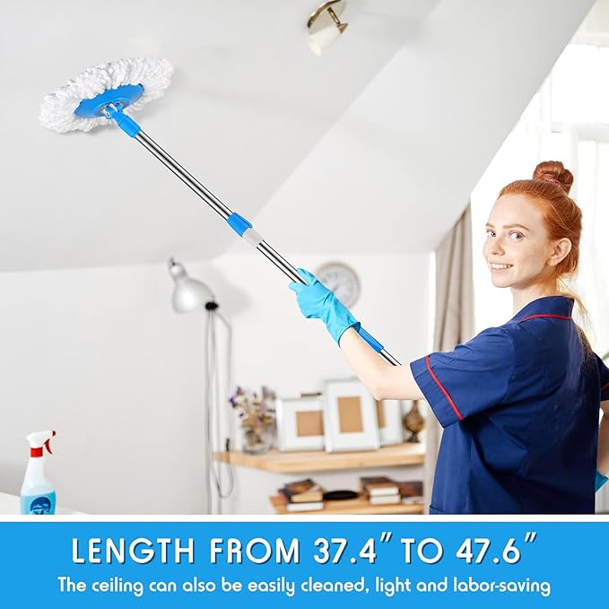 Spin Mop Replacement Handle 360 Degree Spin Mop Pole Handle Replacement Rotating Telescopic Stick for Head Replace Spinning Household Cleaning Accessories for Home(Cute Blue)