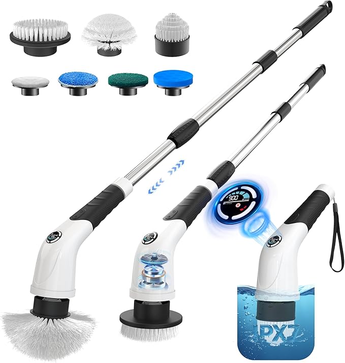Cordless Electric Spin Scrubber, IPX7 Waterproof Rechargeable Power Cleaning Brush with 4500mAh Battery, 210min Runtime, 7 Brush Heads, 3 Adjustable Speeds, for Shower, Tub, Tile, Kitchen, Floor