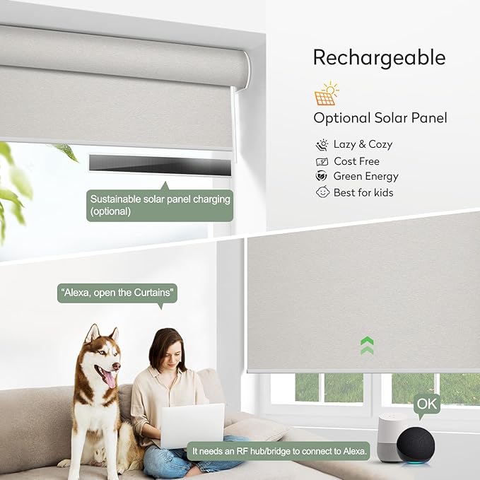 Zshine Motorized Blackout Window Blinds Customize Width (23-95 Inches) Remote Control Wireless and Rechargeable Roller Shades Blinds for Windows, Home, Office, Hotel, Club, Restaurant(82141F)