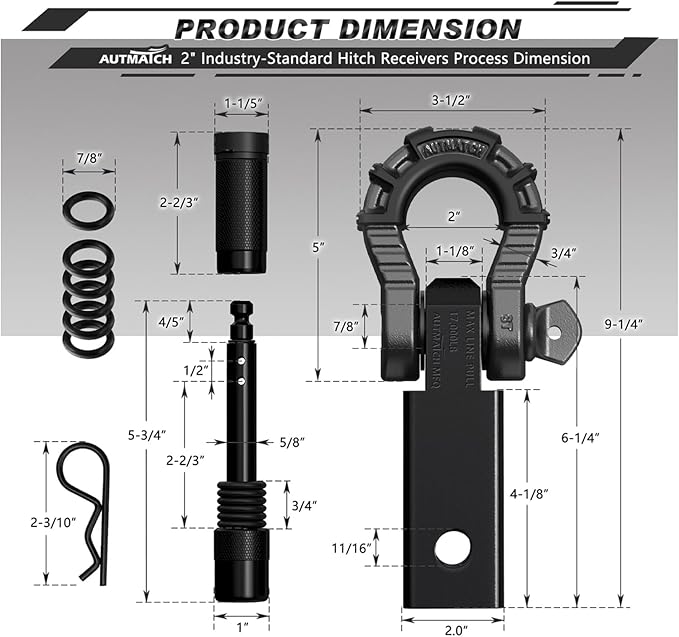 AUTMATCH Shackle Hitch Receiver 2" with 3/4" Mega D Ring Shackle and 5/8" Trailer Hitch Lock Pin, 68,000 Lbs Break Strength Heavy Duty Receiver Tow Kit for Off-Road Vehicle Recovery, Black & Gunmetal