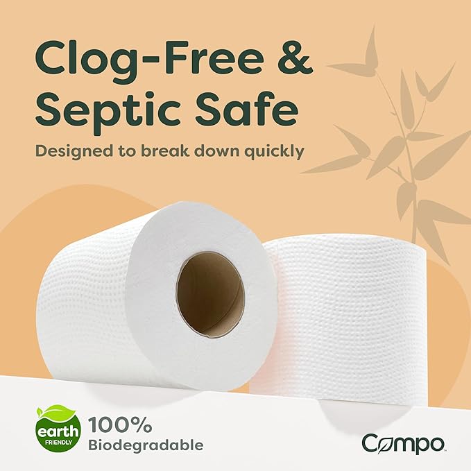 Compo Boat & RV Toilet Paper, 100% Bamboo Toilet Paper for Marine, Motor Homes and Travel Camper Use, Rapid Dissolve, Septic Safe, Plastic Free Packaging, 308 2-Ply Sheets per Roll (24 Compact Rolls)