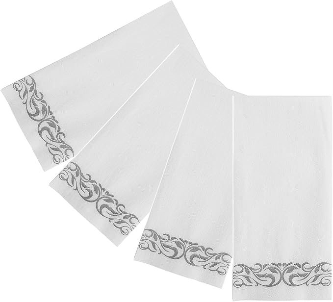 FOCUSLINE 100 Linen Feel Bathroom Napkins, Soft and Absorbent Disposable Guest Towels, Cloth-Like Paper Hand Towels Decorative Napkins for Dinners, Parties, Weddings or Events, Silver, 12" x 17"