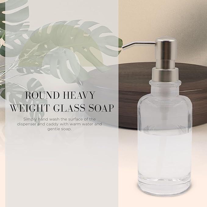 3 Piece Round Heavy Weight Glass Soap Lotion Pump Dispenser Set with Metal Caddy for Home Bath Kitchen Travel Office Hand Crafted Metal Tray Nickel