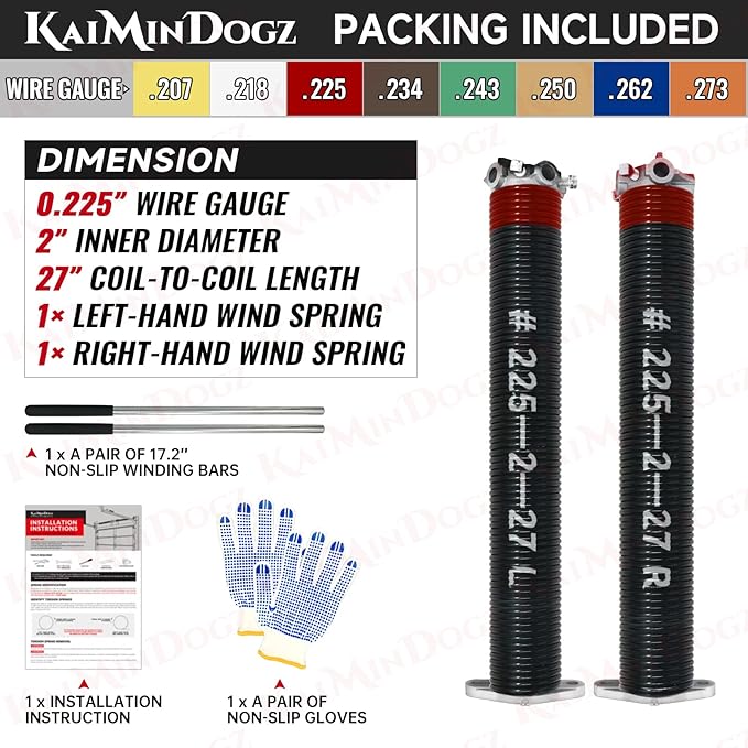 Pair of 2" Garage Door Torsion Springs Set with Non-Slip Winding Bars & Gloves, High Quality Precision Electrophoresis Black Coated, for Replacement & Installation, MIN 16,000 Cycles (0.225x2''x27'')