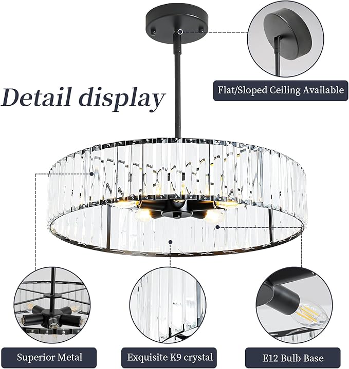 Modern Black Crystal Chandelier for Dining Room,5-Light Semi Flush Mount Ceiling Light Fixtures,20in Bedroom Fixture, Round Kitchen Hanging Drum Pendant Lights for Living Room Foyer