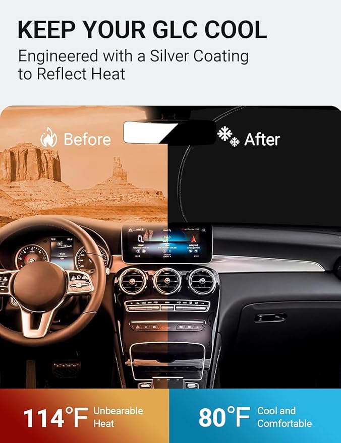 Proadsy 2025 Upgrade Front Windshield Sun Shade Foldable Sunshade Protector Custom Fit 2024-2016 Mercedes Benz GLC Winter Accessories