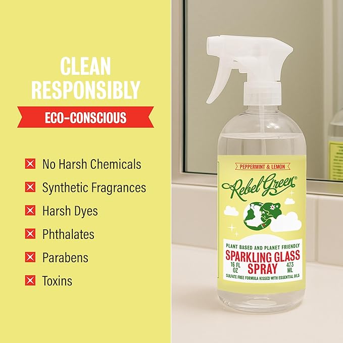 Rebel Green Sparkling Glass Cleaner (Peppermint & Lemon, 80 Fl Oz (Pack of 2))