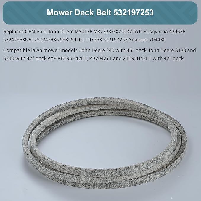 1/2 x 101'' Mower Belt 197253 / Kevlar Cord V-Belt for Husqvarna Craftsman Poulan AYP 429636 592855001 598559101 532429636, for John Deere M84136 M87323 GX25232, (197253)