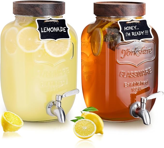 Mustry Glass Drink Dispenser for Parties, 1 Gallon Beverage Dispenser with Spigot Solid Stainless Steel, Used as Lemonade Dispenser Sun Tea Jar Kombucha Jar, Set of 2