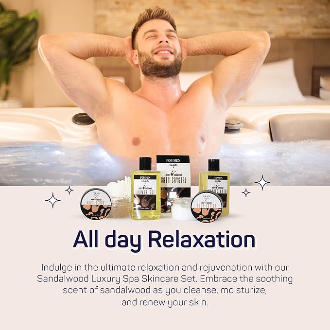 SpaLife Luxury Spa Skincare Sandalwood Gift Set for Men | Mens Body Wash Gifts | Mens Gift Set for Bath and Body | Christmas Gifts for Men | Cleansing, Moisturizing, Exfoliating | 7-Piece Bundle