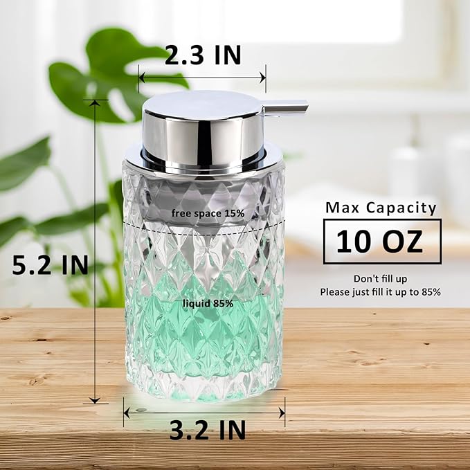 Bathroom Glass Soap Dispenser with Durable Rust-Proof Plastic Liquid Pump (Can't Foam) Hand Lotion Dispenser Antislip Shampoo Kitchen 10oz 2 Pack