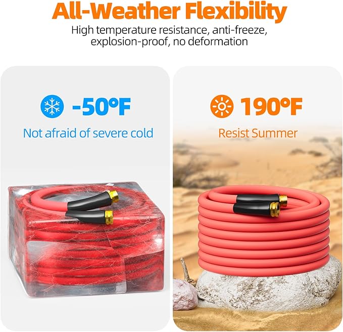 Hot/Cold Heavy Duty Water Garden Hose -50℉ to 190℉, Water Garden Hose 25 ft x 5/8'', 600Psi & Lightweight & Flexible Rubber Hose with 3/4'' Brass fittings for Outdoor, Yard, RV