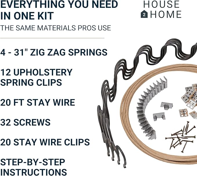 House2Home 31" Couch Spring Repair Kit - Fix Sofa Support, Includes 4 Springs, Clips, Stay Wire, Screws & Instructions