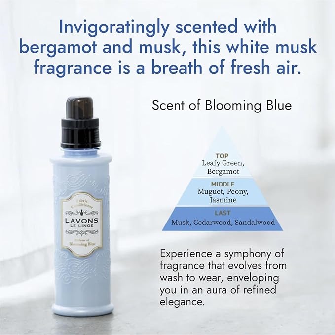 LAVONS Natural Fabric Conditioner for Sensitive Skin, Plant-Based Laundry Softener for Baby & Pet, Reduces Fabric Wrinkles, Long-Lasting Scent & Odor Control from Japan, BLUE BLOOMING, 20.3 Fl Oz. 3EA