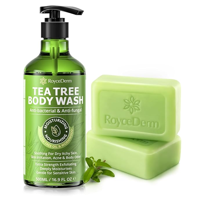 Roycederm Tea Tree Antifungal Body Wash & Soap: Bundle for Body Odor, Back Acne, Folliculitis, Tinea Versicolor, Jock Itch, Athlete’s Foot, and Ringworm - Cleansing with tea tree oil for Men & Women