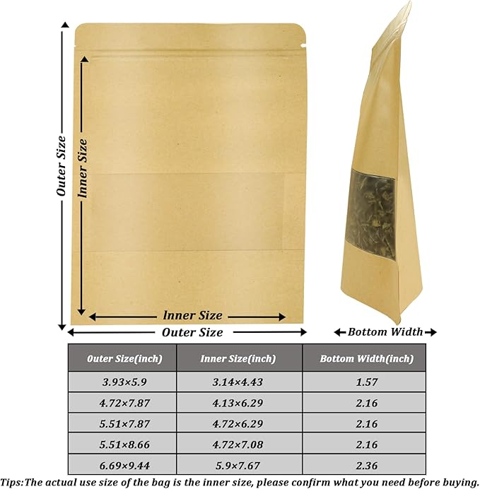 100 PCS Resealable Bags, Stand Up Kraft Paper Bags with Matte Window, Zipper Lock Food Storage Bags for Small Business and Home, 4.72 * 7.87 Inch Reusable Sealable Bags for Packaging