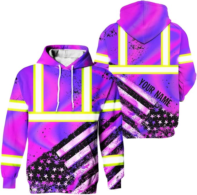 Color US Flag High Visibility Hoodie for Men Women Reflective Tapes Safety Workwear for Worker Runner Patriotic