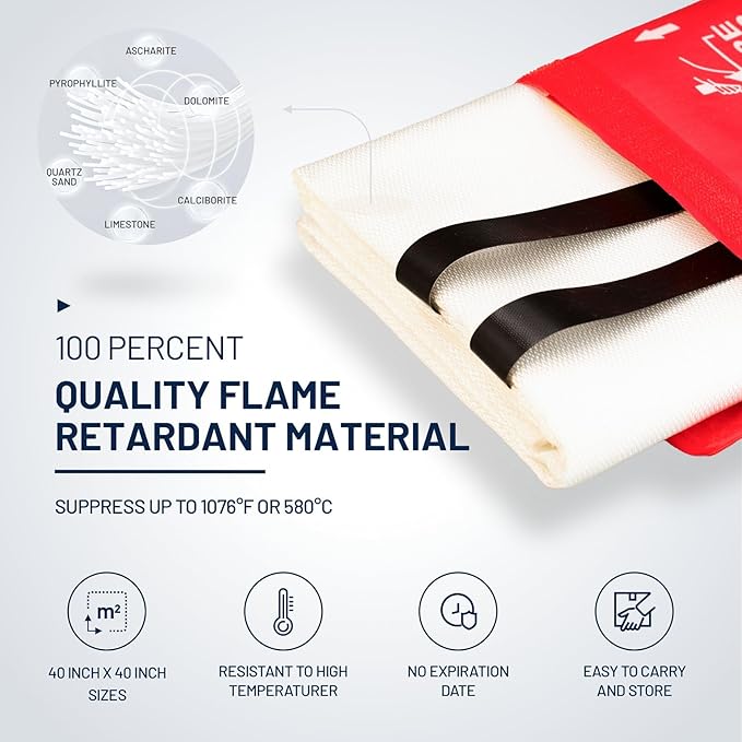 Emergency Fire Blanket, 40” x 40” Fire Blanket for Home and Kitchen, Fiberglass Fire Blankets for Camping Car Boat Office Warehouse Fire Safety, Quickly Suppresses The Spread of Fire