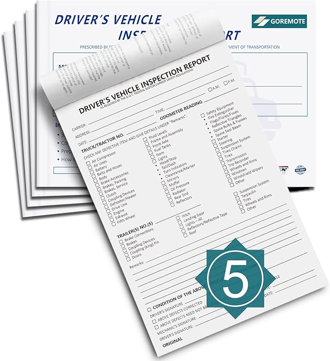 Detailed Driver's Vehicle Inspection Report, 5 Pack, Daily Pre Trip Inspection Book for Trucker, 2-Ply Carbonless, 35 Sets of Forms per DVIR Log Book for Truck Drivers, 8.5" x 5.5"