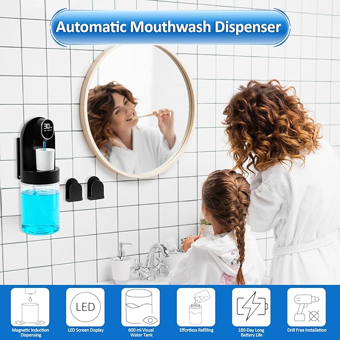 Automatic Mouthwash Dispenser for Bathroom, 600ml (20.29oz) Electric Mouth Wash with Digital Display, 4 Dispensing Modes, Magnetic Cup & Wall Mounted Holder, Bathroom Accessories for All Age Groups