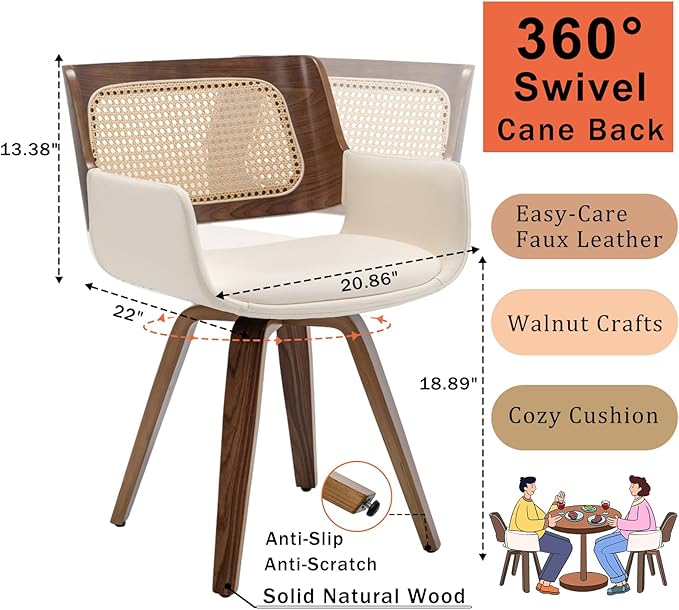 Set of 4 Swivel Dining Chairs - Swivel Walnut Dining Chairs with Ergonomic Cane Back, Bentwood Frame, Curved Arms, MCM Dining Chair for Kitchen/Conference/Restaurant/Living Room (Walnut Beige)